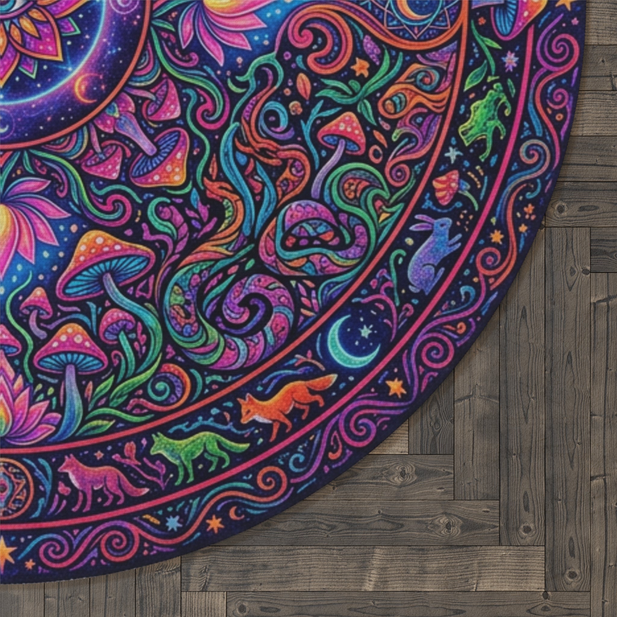 Psychedelic Mandala Round Rug  Vibrant Boho Cosmic Decor
