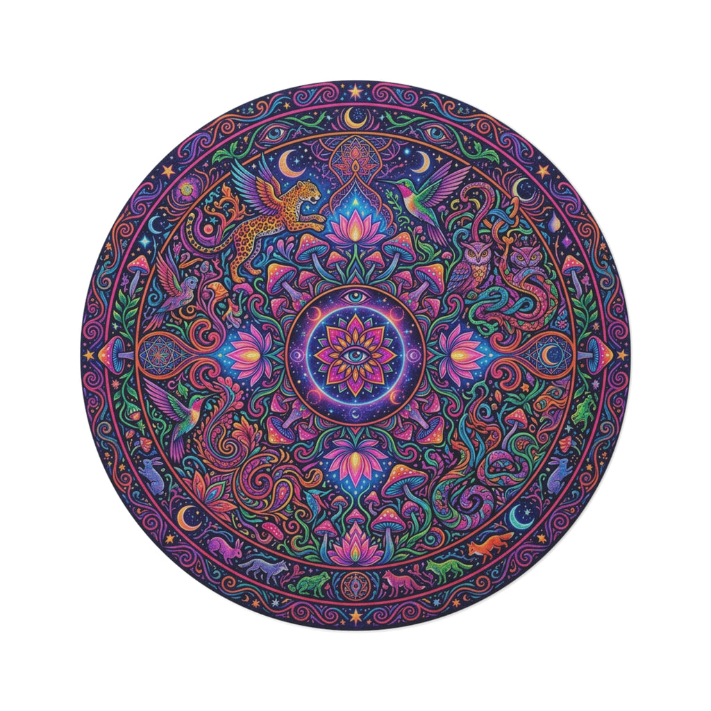 Psychedelic Mandala Round Rug  Vibrant Boho Cosmic Decor