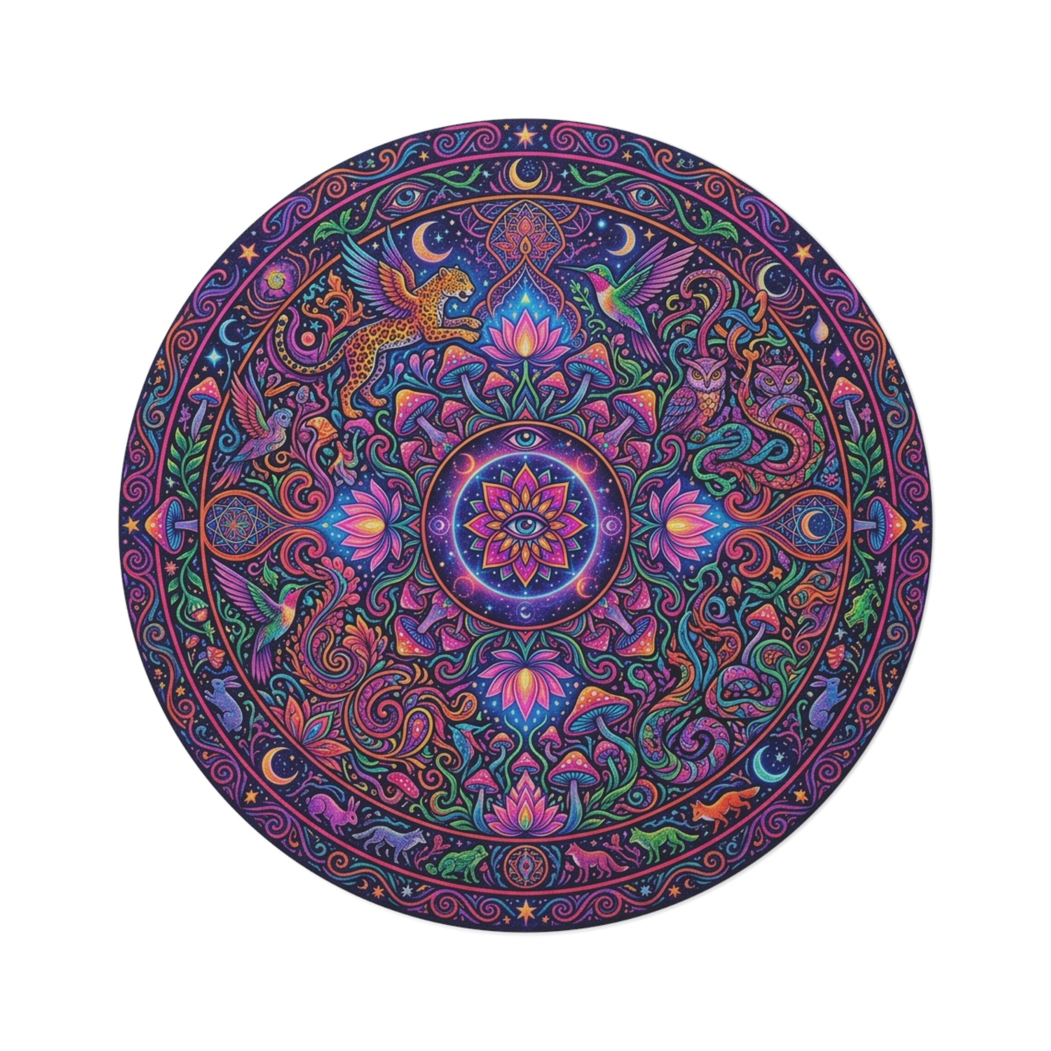 Psychedelic Mandala Round Rug  Vibrant Boho Cosmic Decor