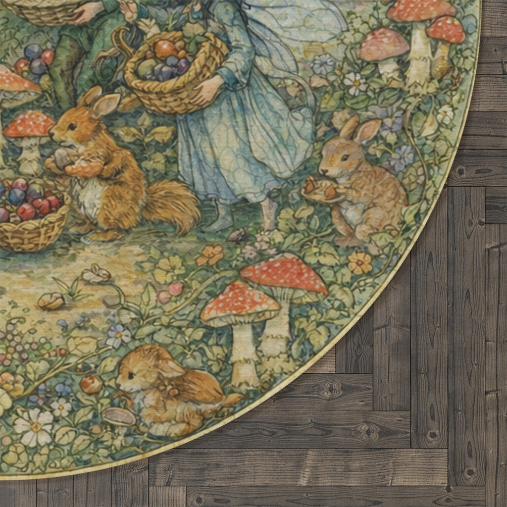Vintage Fairytale Woodland Round Rug — Fairies, Rabbits & Toadstools