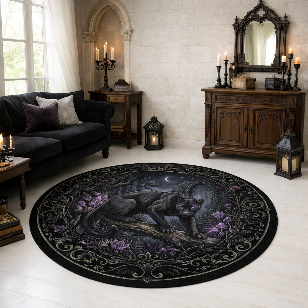 Black Panther Moonlit Forest Round Rug | Gothic Animal Decor