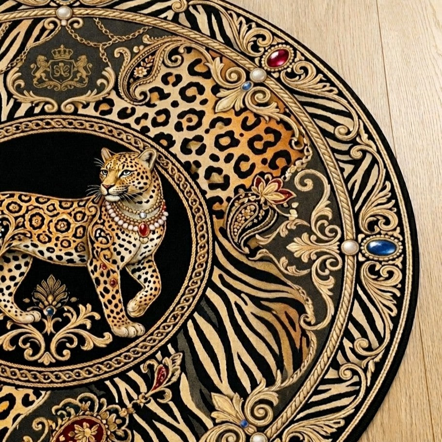 Leopard Baroque Round Rug — Luxe Animal Print Decorative Floor Mat