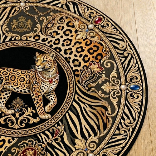 Leopard Baroque Round Rug — Luxe Animal Print Decorative Floor Mat