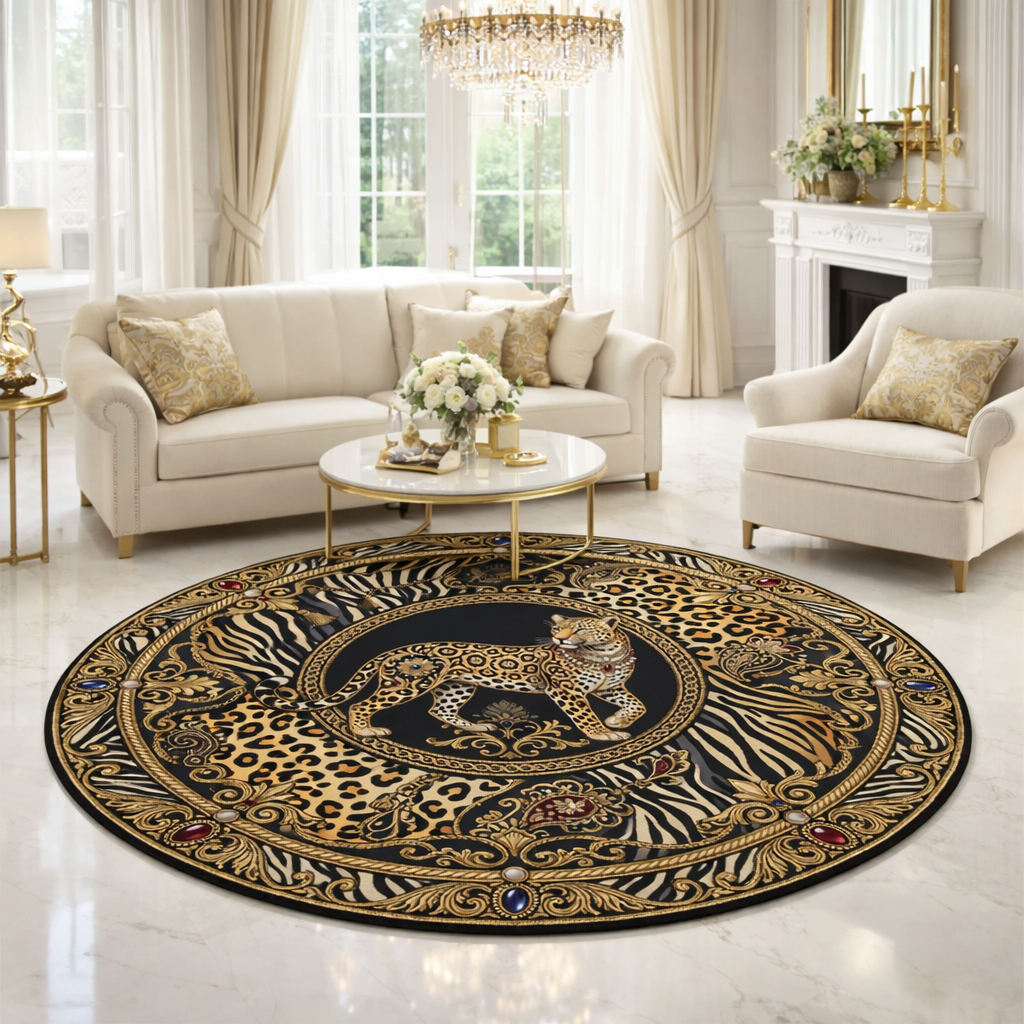 Leopard Baroque Round Rug — Luxe Animal Print Decorative Floor Mat