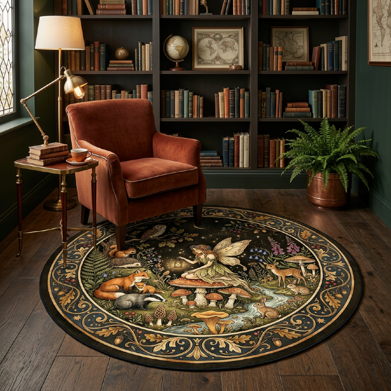 Fairy & Woodland Friends Round Rug — Cottagecore Storybook Accent