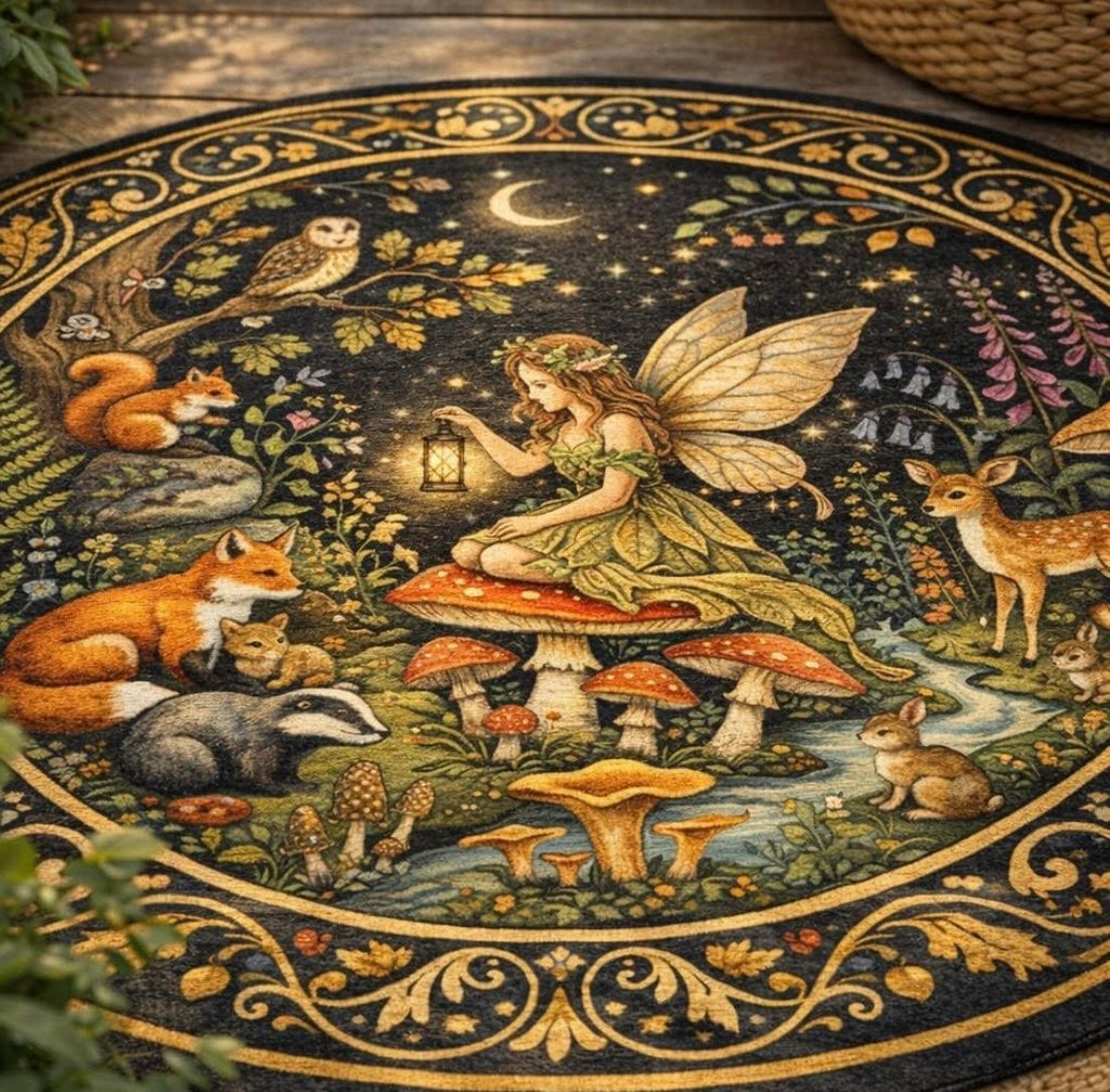 Fairy & Woodland Friends Round Rug — Cottagecore Storybook Accent