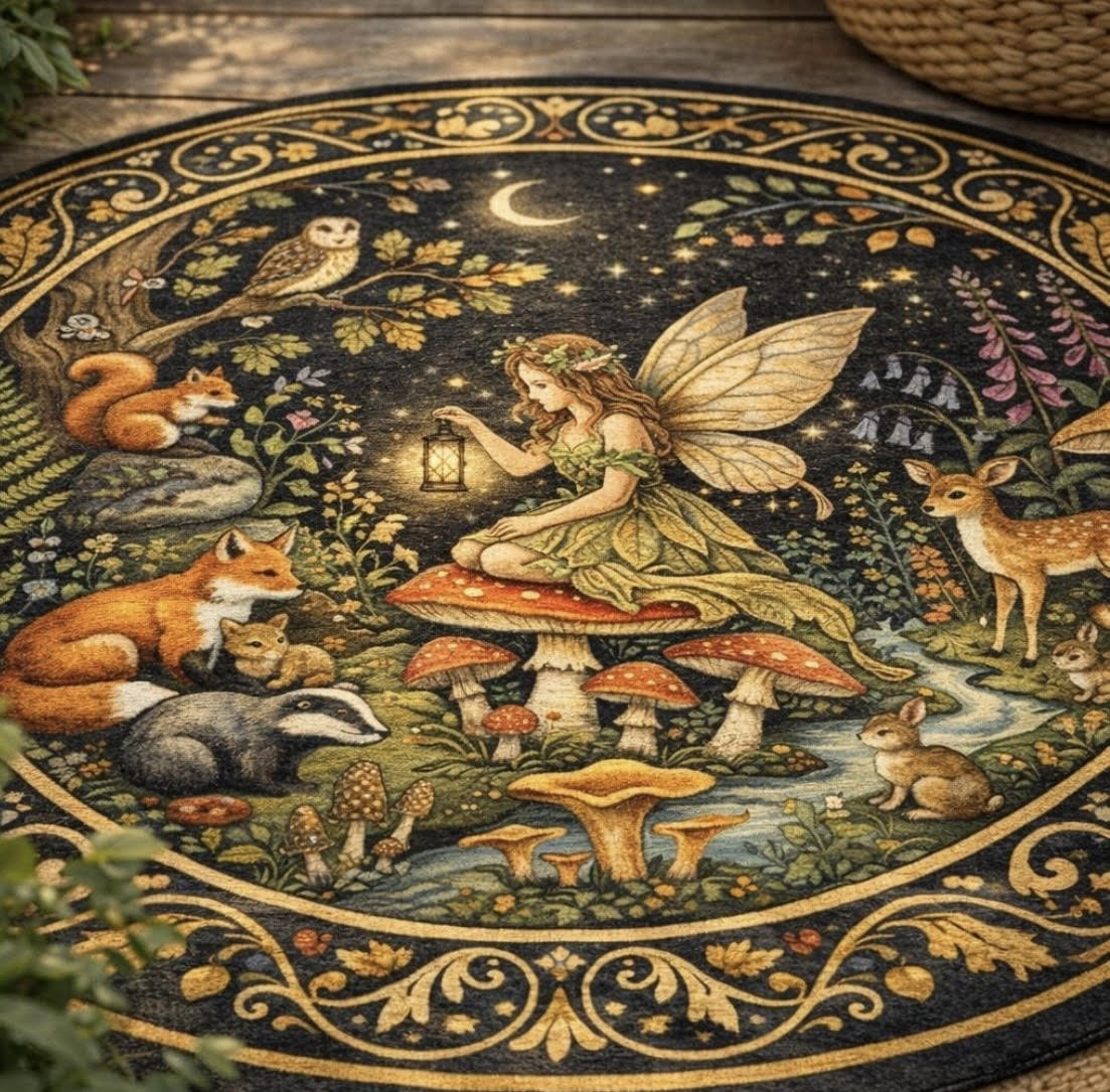 Fairy & Woodland Friends Round Rug — Cottagecore Storybook Accent