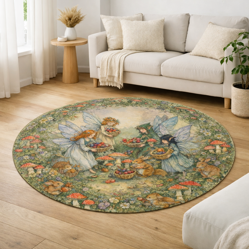 Vintage Fairytale Woodland Round Rug — Fairies, Rabbits & Toadstools