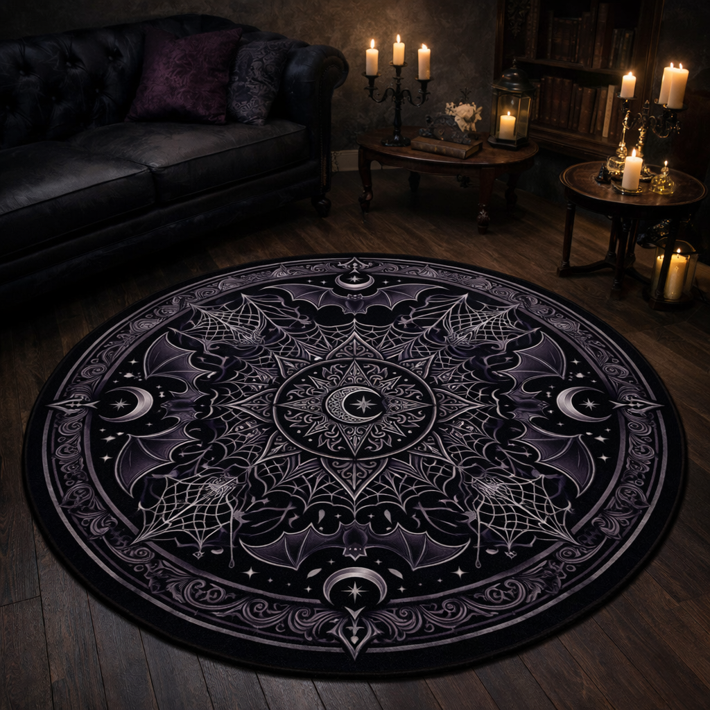Gothic Crescent Moon Round Rug — Moonlit Bats & Celestial Filigree