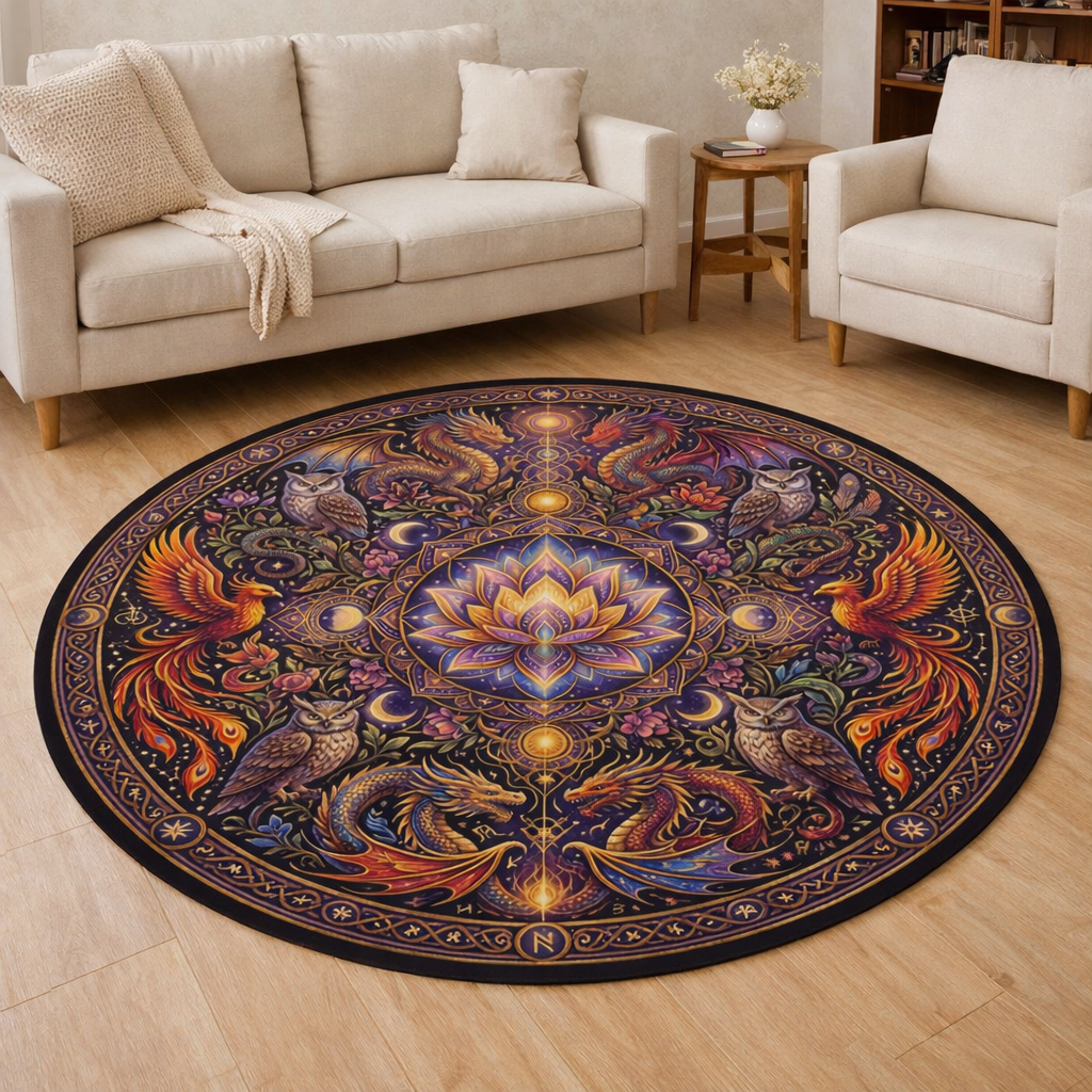 Mythical Mandala Round Rug — Dragons, Phoenix & Glowing Lotus
