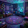 Psychedelic Mandala Round Rug  Vibrant Boho Cosmic Decor