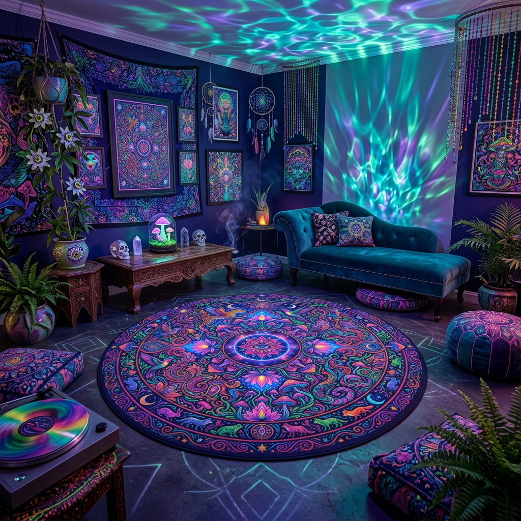 Psychedelic Mandala Round Rug  Vibrant Boho Cosmic Decor