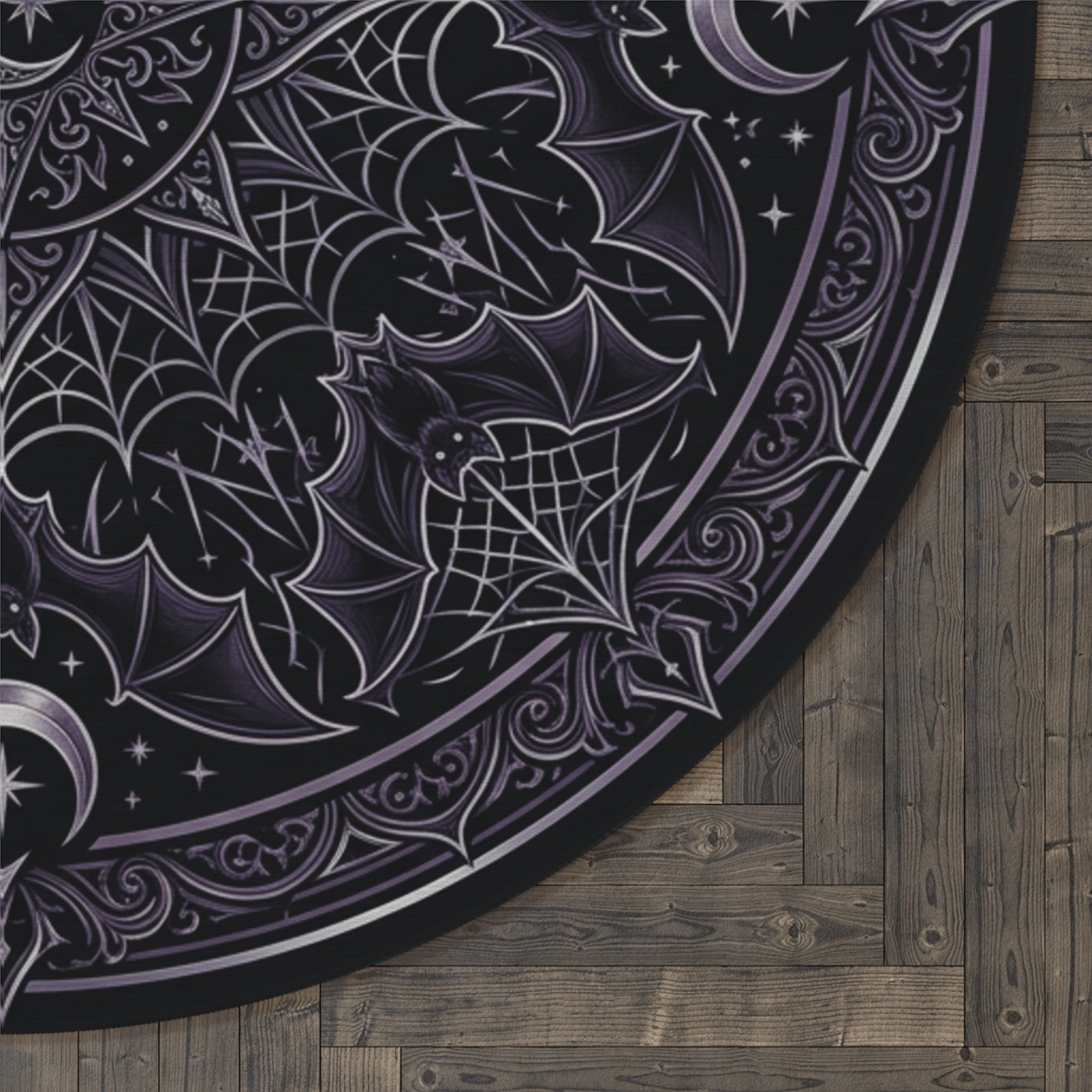 Gothic Crescent Moon Round Rug — Moonlit Bats & Celestial Filigree