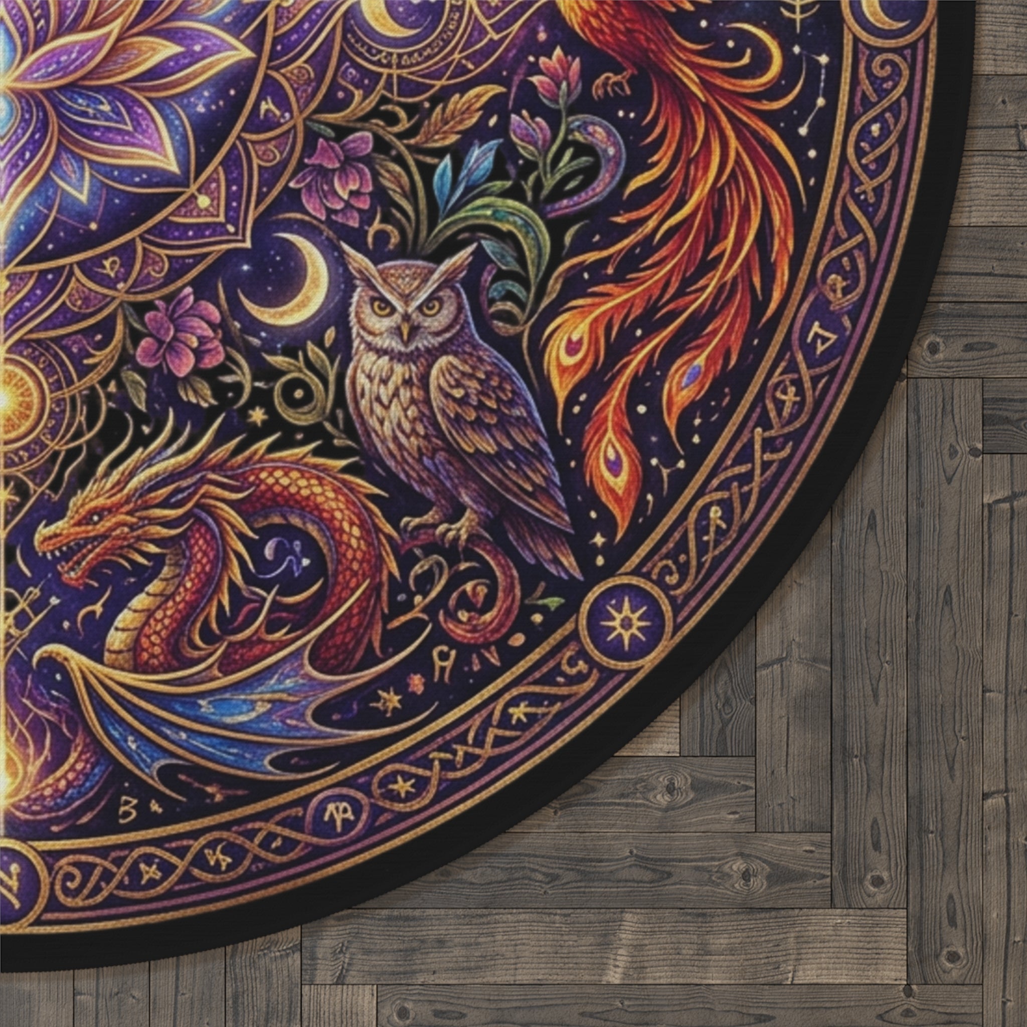 Mythical Mandala Round Rug — Dragons, Phoenix & Glowing Lotus
